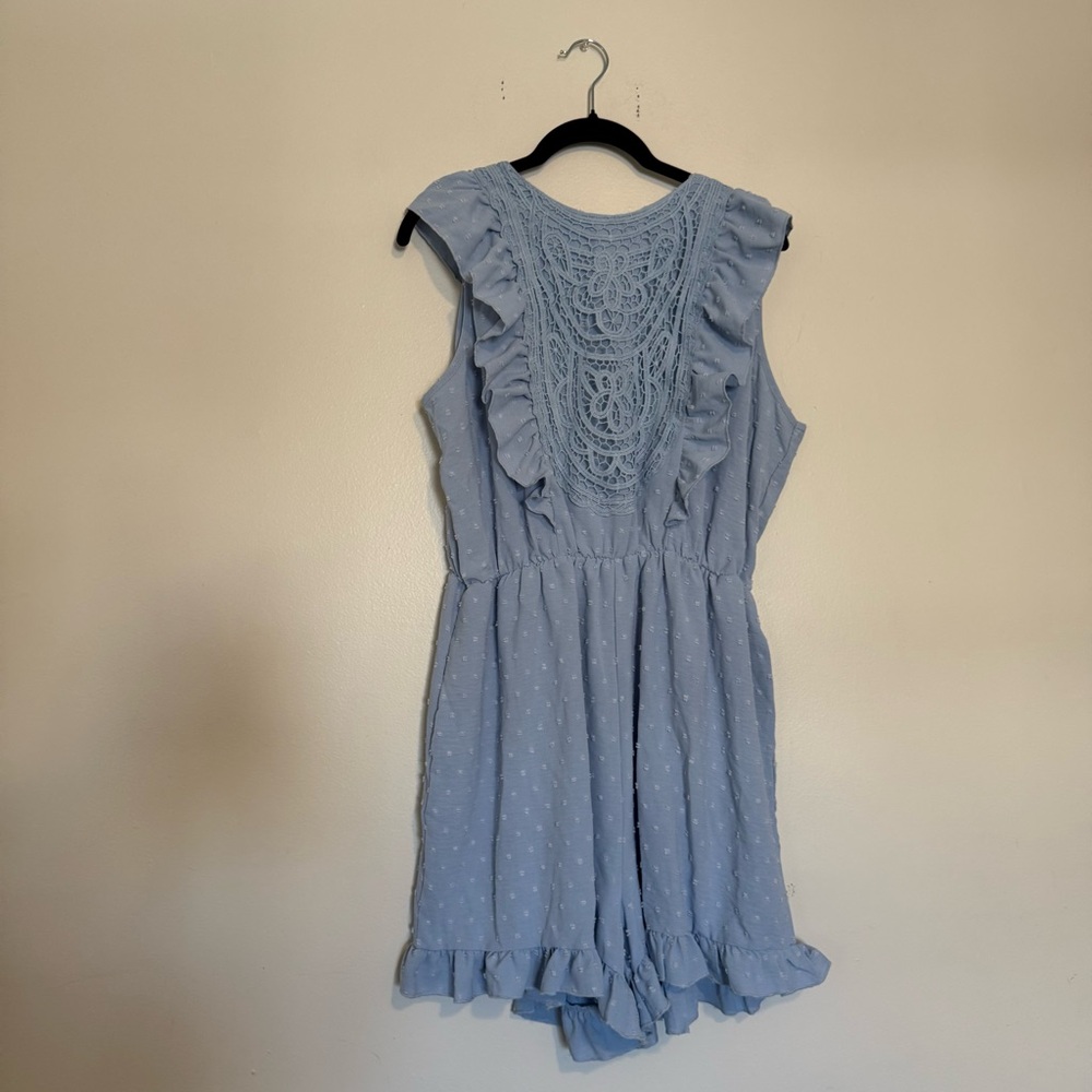 Light Blue Ruffle Lace-Back Romper - Picture 2 of 7